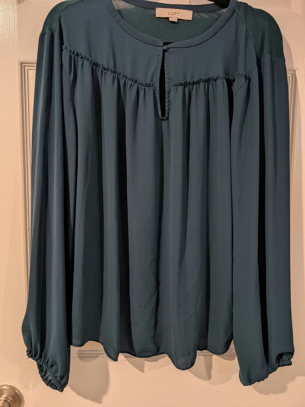 LOFT Dark Turquoise Long-Sleeve Keyhole-Front Peasant Blouse in Size XL